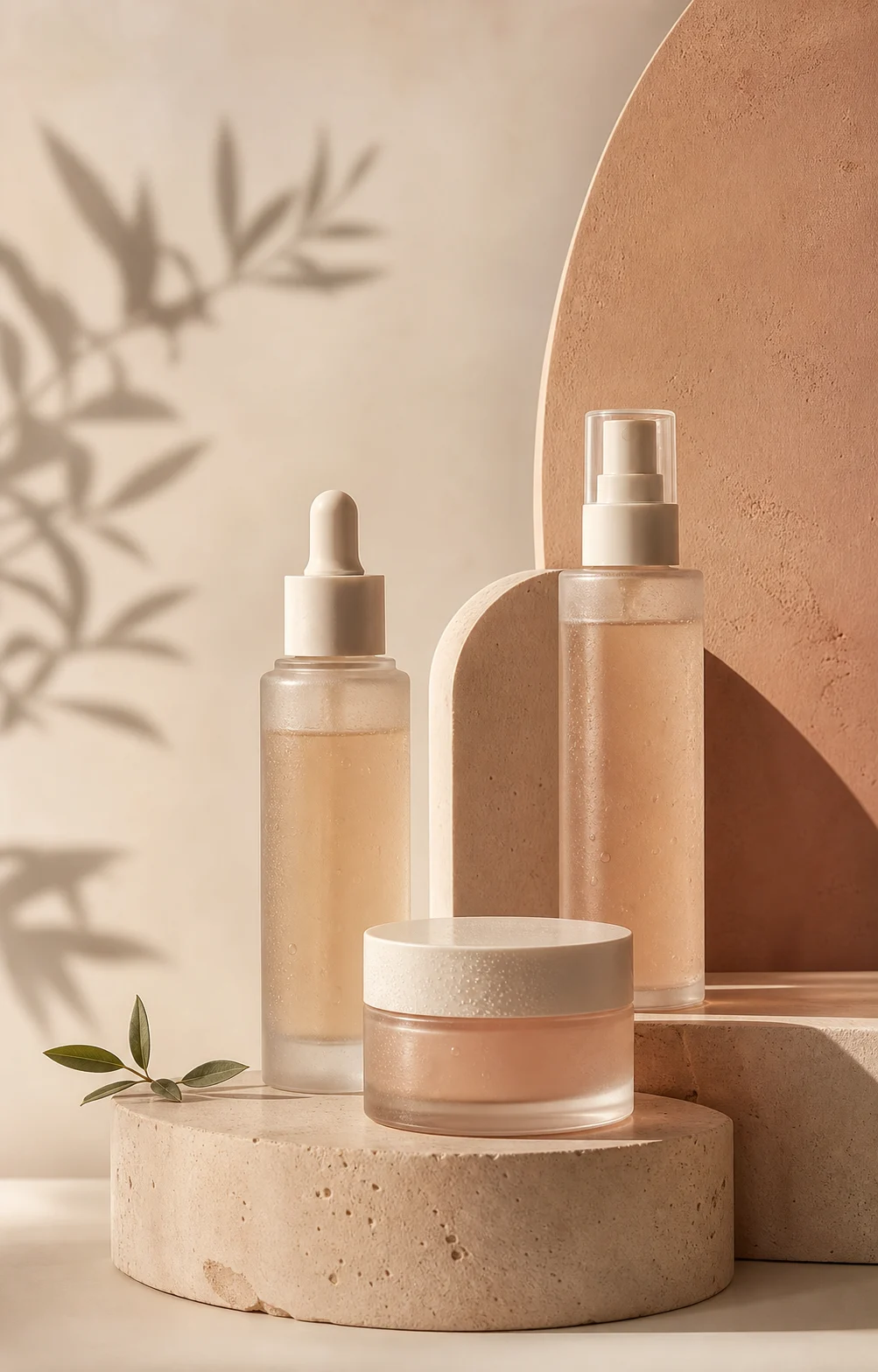 Productos de cuidado facial Fureli sobre pedestales de piedra